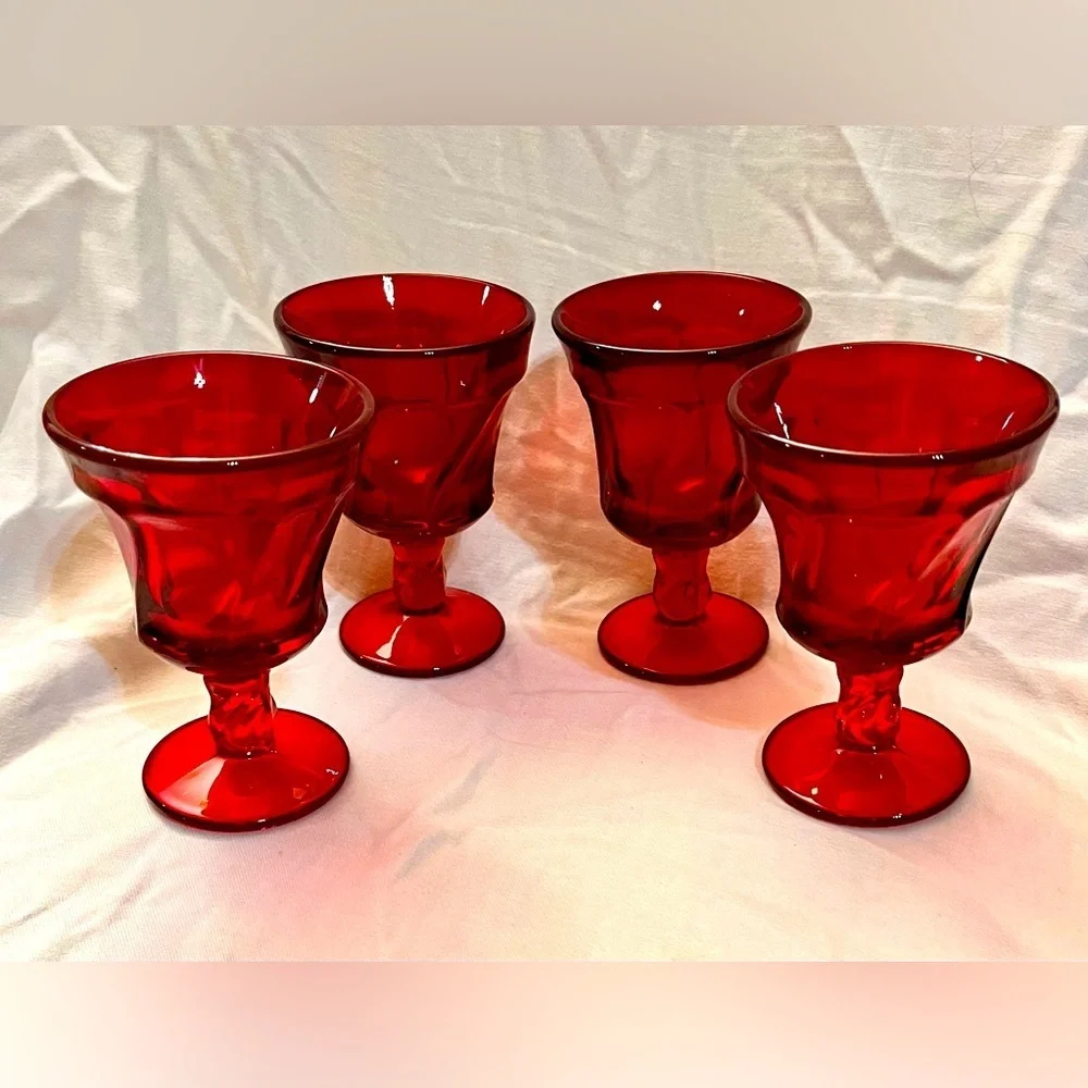 VTG Fostoria Jamestown Ruby Red Champagne Tall Sherbet Glasses Set of 4 Swirl